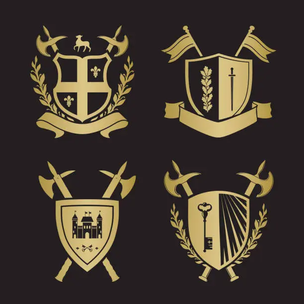 Vector illustration of Coats of arms - shields with fleur-de-lys, town, halberds at the sides