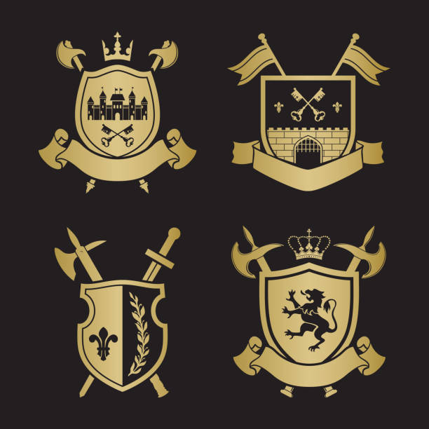 гербы - щиты с короной, город, халберы по бокам - heraldic griffin sword crown stock illustrations