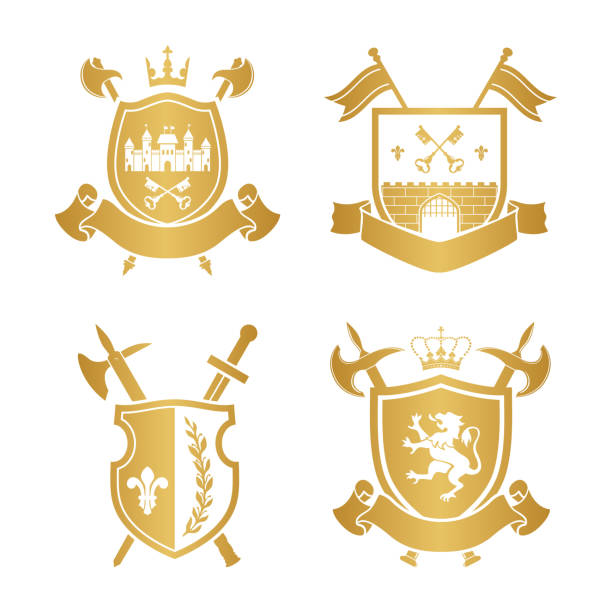 팔의 외 투 방패, 크라운, 도끼, 창 측에와 - shield lion griffin crown stock illustrations