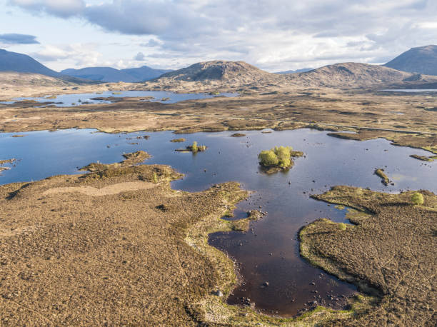 ラノッホ湿原の素晴らしい風景の空撮 - highlands region heather grass mountain range ストックフォトと画像