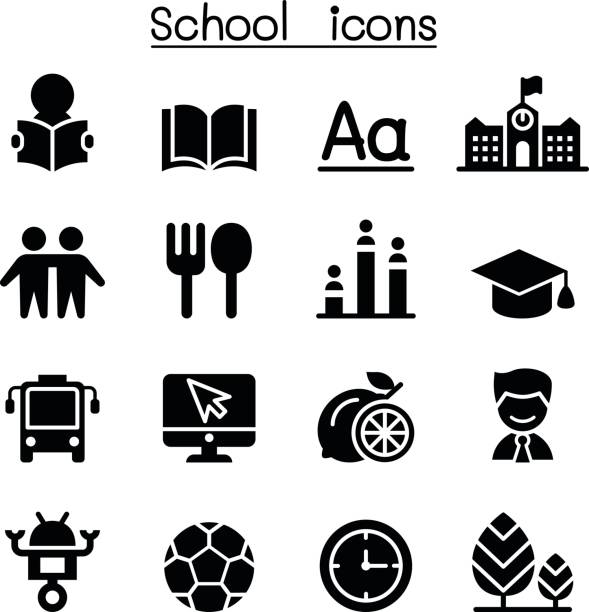 ilustraciones, imágenes clip art, dibujos animados e iconos de stock de iconos de la escuela y la educación - icono niño leyendo