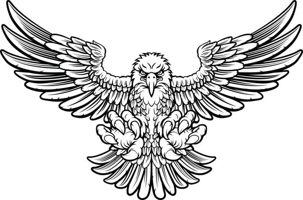 Ferocious Eagle Woodcut style American bald eagle mascot swooping with talon claws forward and wings spread talon stock illustrations
