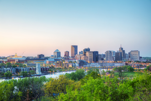 Overview of downtown St. Paul, MN at sunset