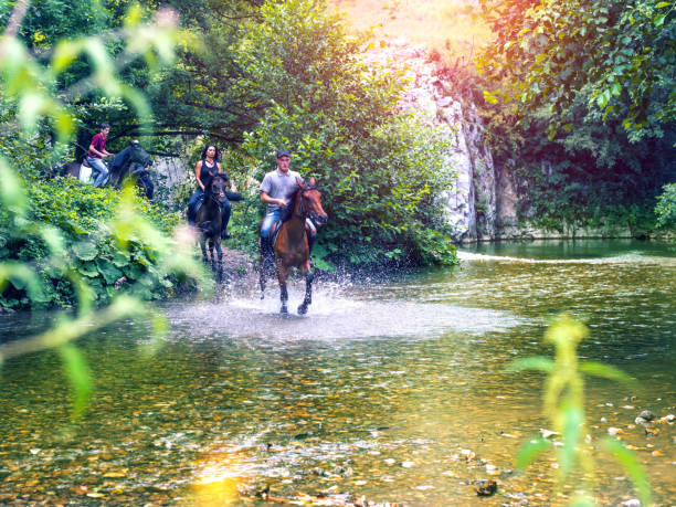 istock People gallops horse through stream 824645490