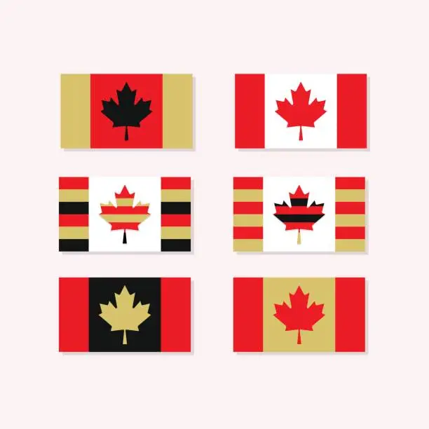 Vector illustration of Red, white, and golden Canadian flags set - simple and striped in flat design