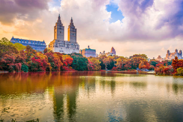 central park new york city - autumn park central park lake foto e immagini stock