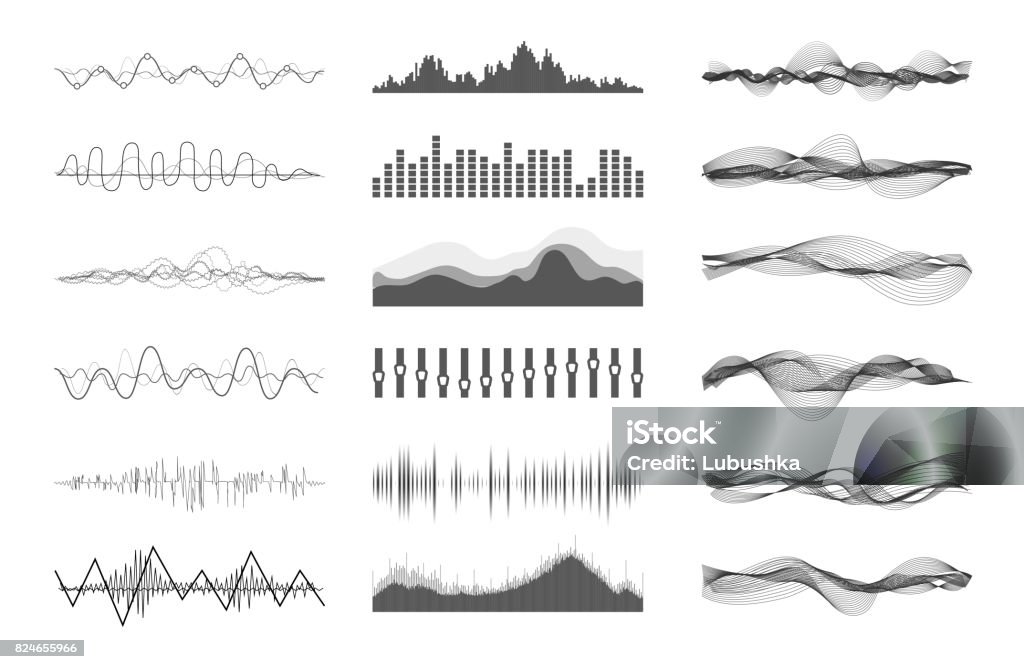 Vector sound waves Vector music sound waves set. Audio digital equalizer technology, console panel, pulse musical. Noise stock vector