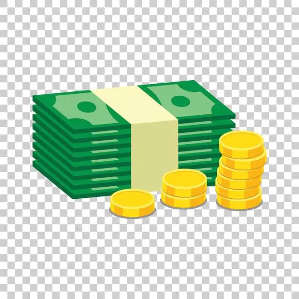 Vector illustration of Stacks of gold coins and stacks of dollar cash. Vector illustration in flat design on isolated background