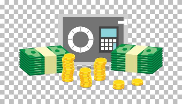 geschlossen, kleinen safe und stapel von goldmünzen und stapeln von dollar bargeld. vektor-illustration im flat design auf isolierte hintergrund - coin bank cash box safety deposit box lock stock-grafiken, -clipart, -cartoons und -symbole