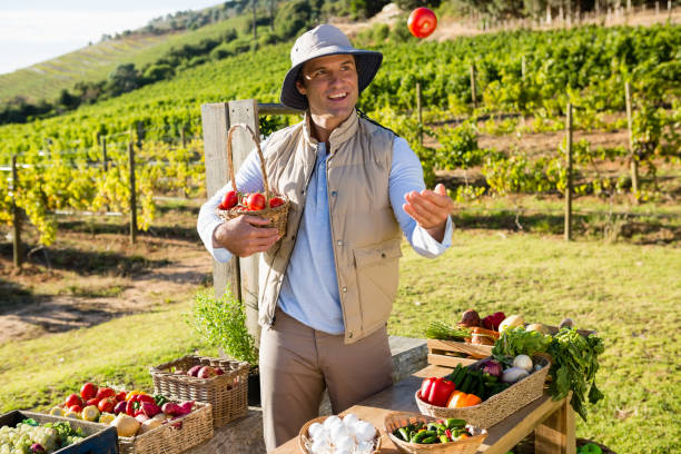istock Happy man playing with tomato at vegetable stall 824659926