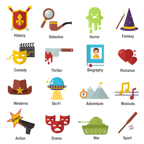 Cinema genre icons set cinematography flat entertainment comedy, drama, thriller movie production symbol vector illustration Cinema genre icons set cinematography flat entertainment comedy, drama, thriller movie production symbol vector illustration.. Film motion picture cine movies premiere colorful design. thriller film genre stock illustrations