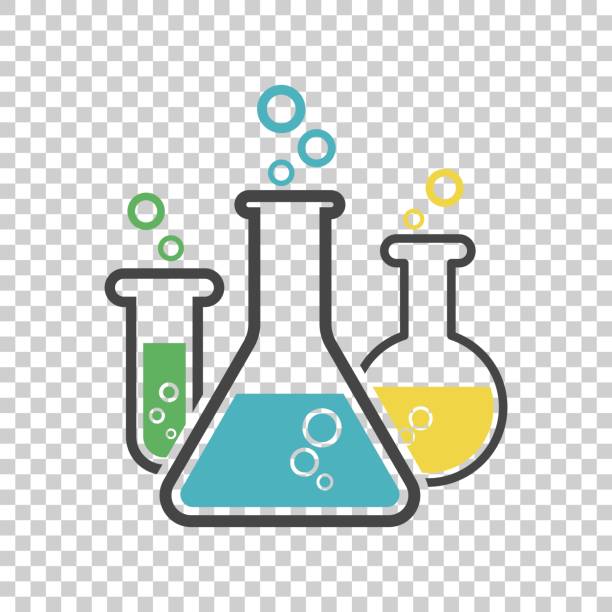 화학의 테스트 튜브 픽토그램 아이콘입니다. 실험실 유리 그릇 또는 비 커 장비 격리 된 배경에 고립. 실험 플라스 크입니다. 트렌디한 현대 벡터 기호입니다. 단순한 평면 그림 - 과학 실험 일러스트 stock illustrations