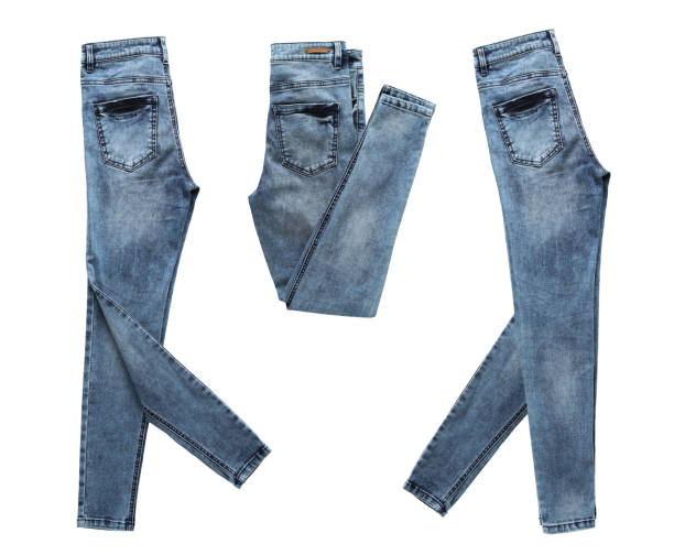 istock Blue denim trousers walking left three packshots isolated on white 824667428