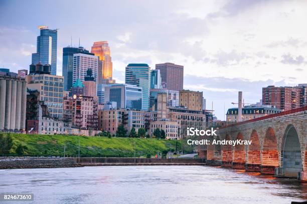 Downtown Minneapolis Minnesota At Night Time Stock Photo - Download Image Now - Minneapolis, Minnesota, Downtown District