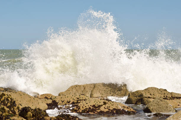 Waves crash onto rocky shoreline. stock photo