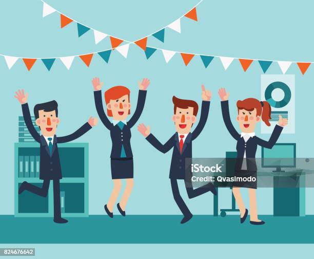 Young And Happy Business People Jumping In Office Successful Smiling Men And Women Celebrating Victory Stock Illustration - Download Image Now
