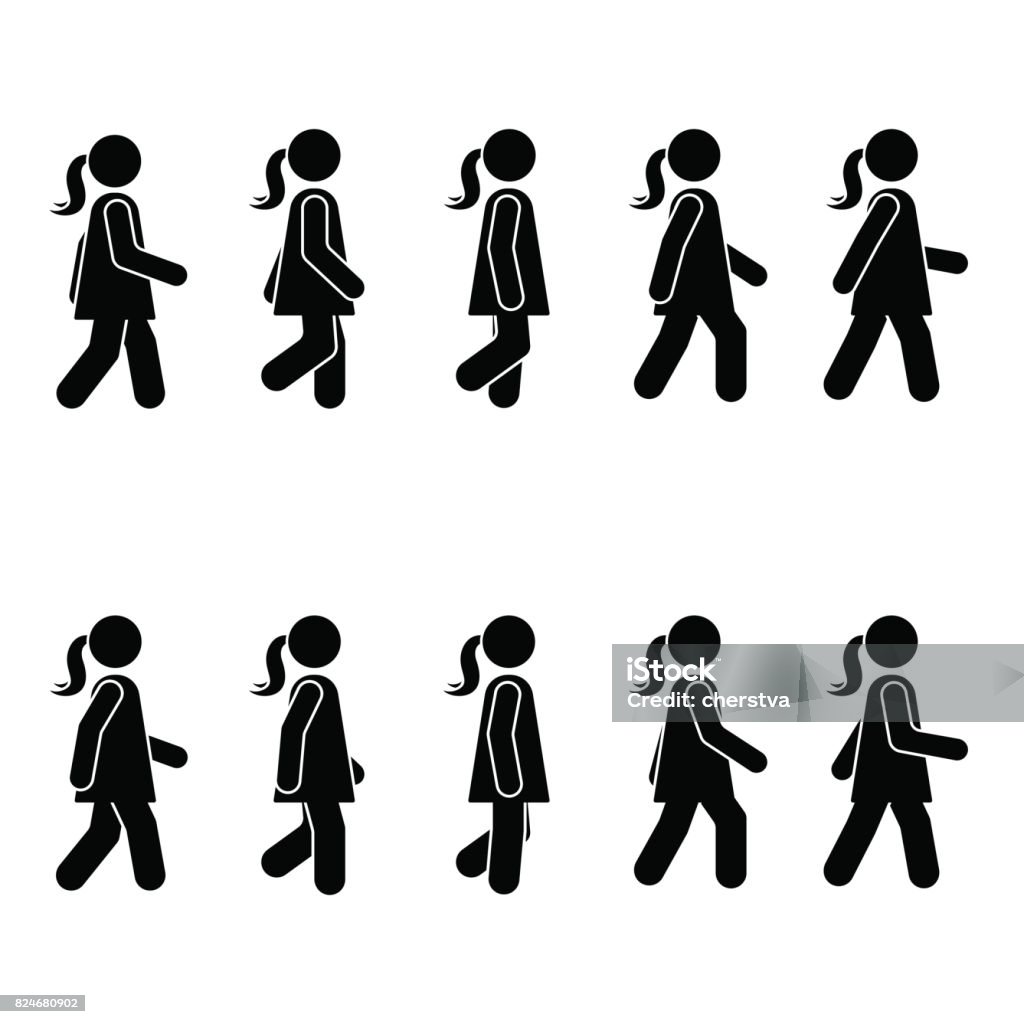 Femme gens divers position marche. Posture bâton figure. Vecteur position personne icône symbole signe pictogramme sur blanc - clipart vectoriel de Marche rapide libre de droits