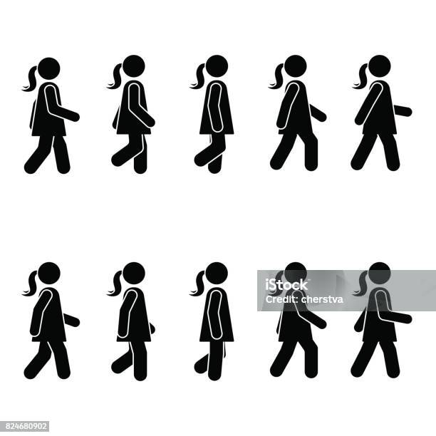 Femme Gens Divers Position Marche Posture Bâton Figure Vecteur Position Personne Icône Symbole Signe Pictogramme Sur Blanc Vecteurs libres de droits et plus d'images vectorielles de Marche rapide