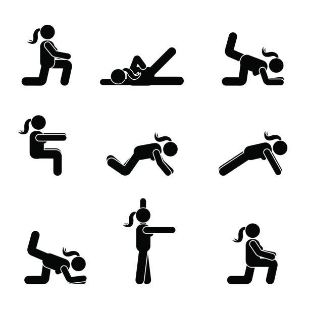 illustrazioni stock, clip art, cartoni animati e icone di tendenza di esercizi allenamento del corpo stretching donna bastone figura. pittogramma vettoriale in stile vita sano - single step