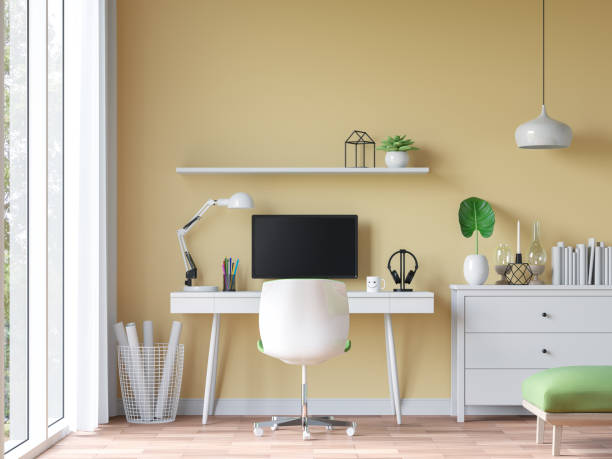 istock Modern vintage working room with yellow wall 3d rendering image 824683250