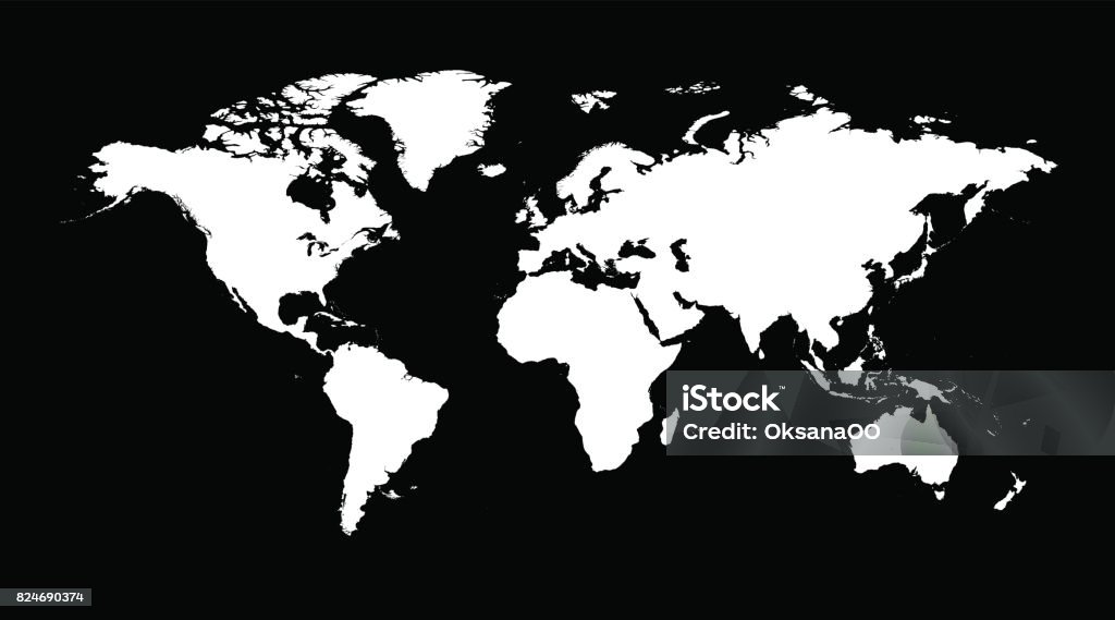 Blank white  world map on isolated black background. World map vector template for website, infographics. Flat Earth illustration. Africa stock vector