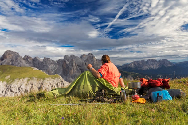 istock Hiker is camping at Catinaccio, Rosengarten Mountain Group, Dolomites 824690446
