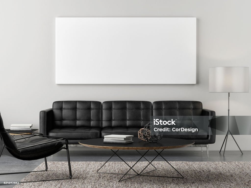 Retro living room with mock up poster Retro living room with mock up poster, 3d illustration Template Stock Photo