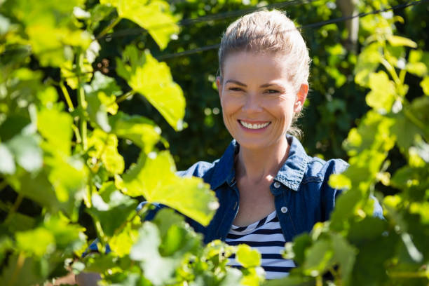 istock Female vintner standing in vineyard 824693324