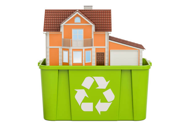 istock green recycling trashcan with house, 3D rendering 824699406