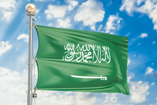 istock Saudi Arabia flag waving in blue cloudy sky, 3D rendering 824699462