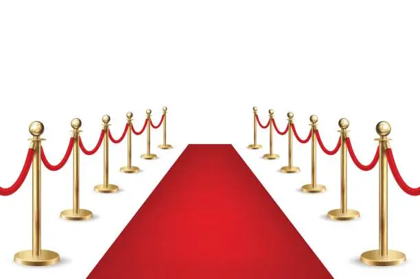 Vector illustration of Realistic vector red event carpet and silver barriers isolated on white background. Design template, clipart in EPS10