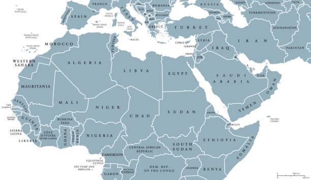 North Africa and Middle East political map North Africa and Middle East political map with countries and borders. English labeling. Maghreb, Mediterranean, West and Central Asian countries. Gray illustration on white background. Vector. north africa stock illustrations