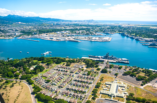 Aerial view of Pearl Harbor, Oahu island, Hawaii