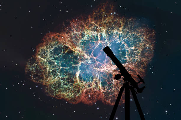 istock Space background with silhouette of telescope. Crab Nebula in constellation Taurus. Supernova Core pulsar neutron star. 824713664