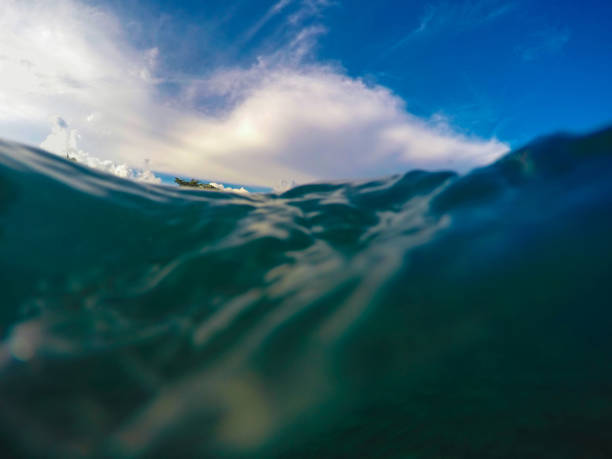 Double landscape with sea wave floating and splashing in front of camera