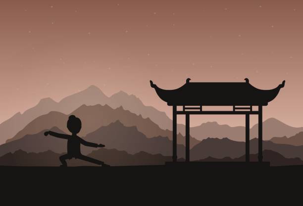 Girl performing qigong or taijiquan exercises in the evening. Girl performing qigong or taijiquan exercises in the evening. Woman practicing Tai Chi. Ancient chinese healthcare practice. Flat style. Vector illustration. qi gong stock illustrations