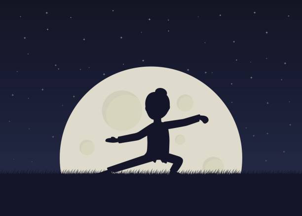 Girl performing qigong or taijiquan exercises in the evening. Girl performing qigong or taijiquan exercises in the evening. Woman practicing Tai Chi. Ancient chinese healthcare practice. Flat style. Vector illustration. tai chi meditation stock illustrations