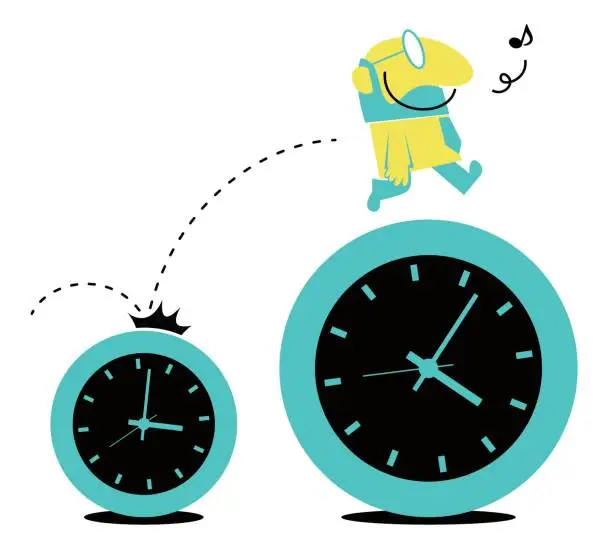 Vector illustration of Over obstacles, smiling businessman (man, engineer, hurdler) jumping over hurdle time clock (higher goal), time management concept