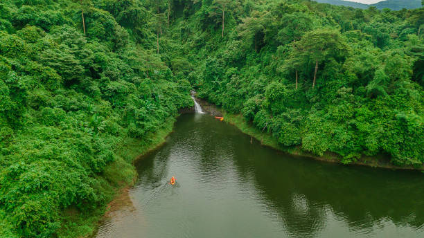 istock Waterfall in the middle of the forest. Bird eye view , drone. 824730420