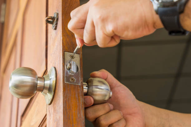 close-up locksmith repair silver lock on wood door close-up locksmith repair silver lock on wood door - can use to display or montage on product thai door stock pictures, royalty-free photos & images