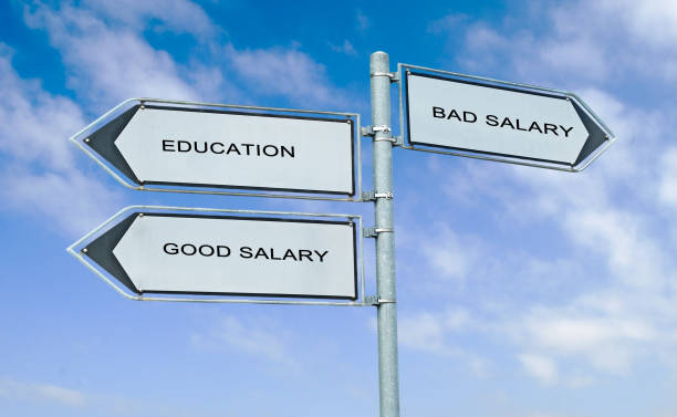 istock Direction road sign with  words education, good salary, bad sala 824736742