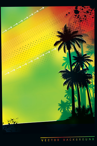 Tropical background with palm trees in colors of Jamaica flag.