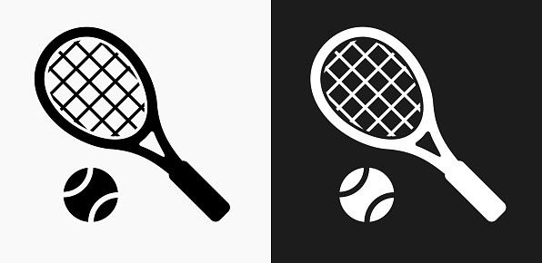 Tennis Icon on Black and White Vector Backgrounds. This vector illustration includes two variations of the icon one in black on a light background on the left and another version in white on a dark background positioned on the right. The vector icon is simple yet elegant and can be used in a variety of ways including website or mobile application icon. This royalty free image is 100% vector based and all design elements can be scaled to any size.