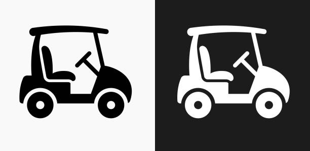 Golf Cart Icon on Black and White Vector Backgrounds Golf Cart Icon on Black and White Vector Backgrounds. This vector illustration includes two variations of the icon one in black on a light background on the left and another version in white on a dark background positioned on the right. The vector icon is simple yet elegant and can be used in a variety of ways including website or mobile application icon. This royalty free image is 100% vector based and all design elements can be scaled to any size. golf cart vector stock illustrations