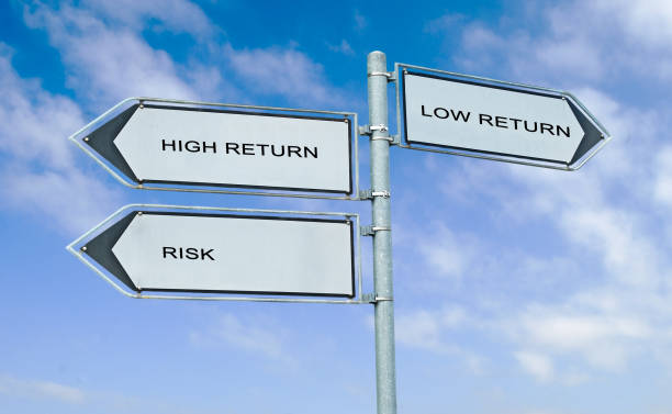 istock Direction road signs with  words high return, low retur, profit 824740774