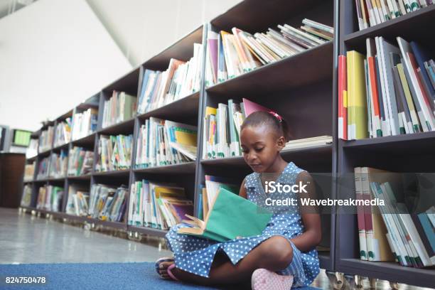 Girl Reading Book By Shelf In Library Stock Photo - Download Image Now - Child, Library, Reading