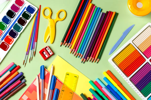istock School background. Various school supplies on a desktop, copy space 824754306