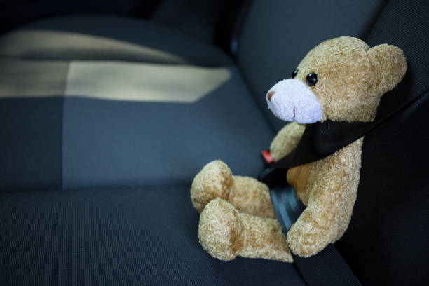 istock Teddy bear fastened in seat belt of car 824766698