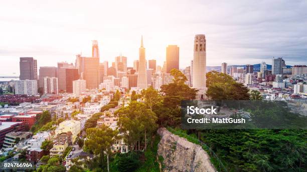 Horizonte De Coit Tower Foto de stock y más banco de imágenes de San Francisco - San Francisco, Panorama urbano, Torre Coit