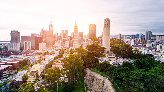 San Francisco Skyline with Coit Tower, aerial view.